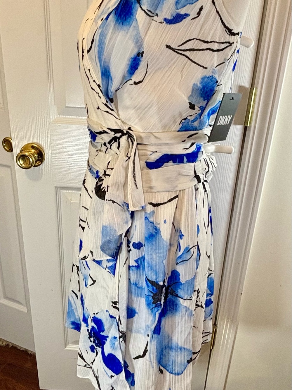 DKNY White Mini Wrap Dress with Blue Floral Print - Picture 4 of 10